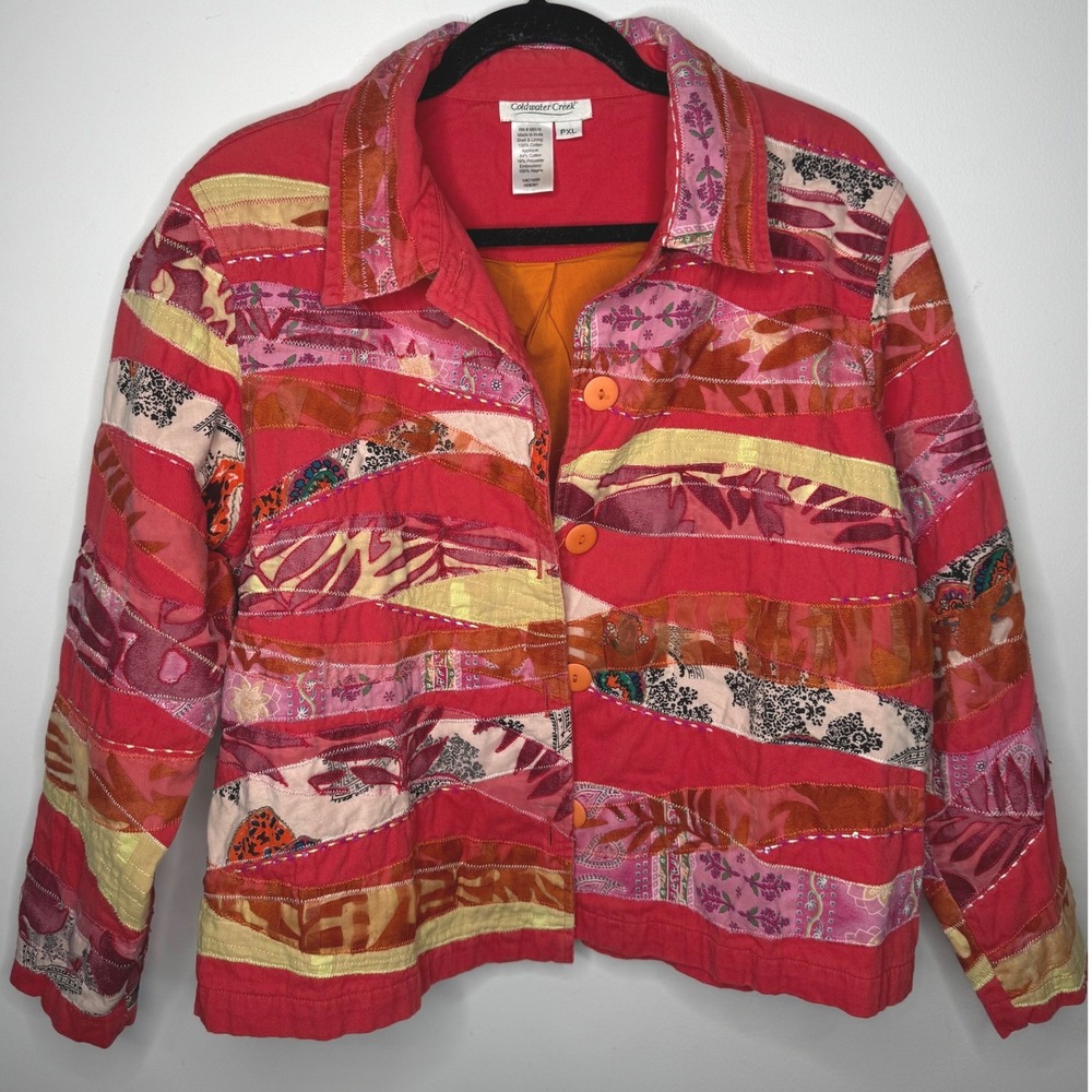 Coldwater Creek Red Patchwork Embroidered Button Front Jacket Petite Artsy‎  PXL